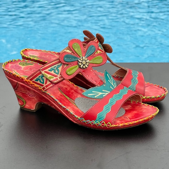 Corkys Shoes - Corkys Elite Artsy Mule Heels Red Leather Floral Slip On Heeled Sandal Size 9